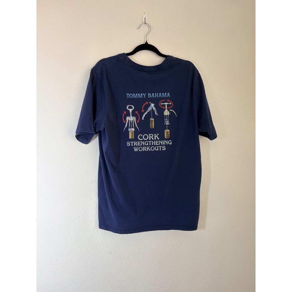 Tommy Bahama graphic T-Shirt Large Blue good Cork Strengthening Workouts Graphic